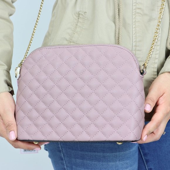 Mauve Quilted Faux Leather Purse Chain Strap Cross Body Shoulder Bag - Picture 9 of 10